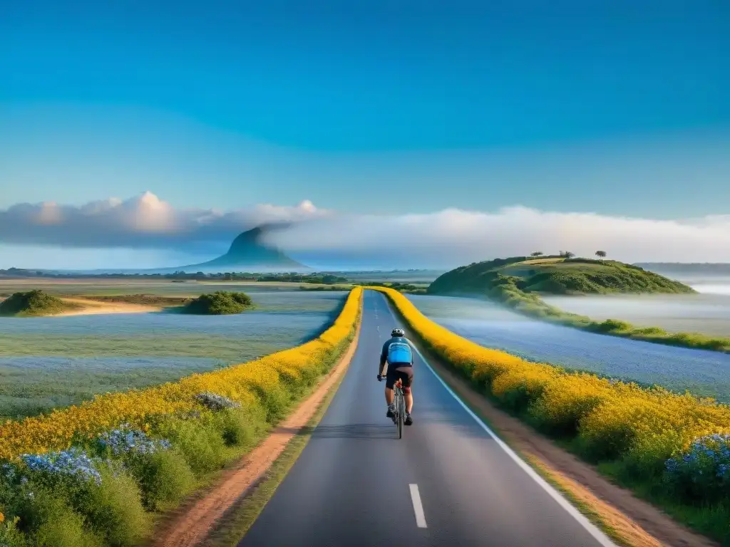 Un ciclista solitario pedalea por un paisaje campestre en Uruguay, rodeado de flores silvestres en un sendero en bicicleta