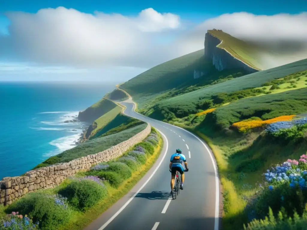 Un ciclista solitario recorre una ruta costera en Uruguay, rodeado de naturaleza exuberante y el vasto océano Atlántico