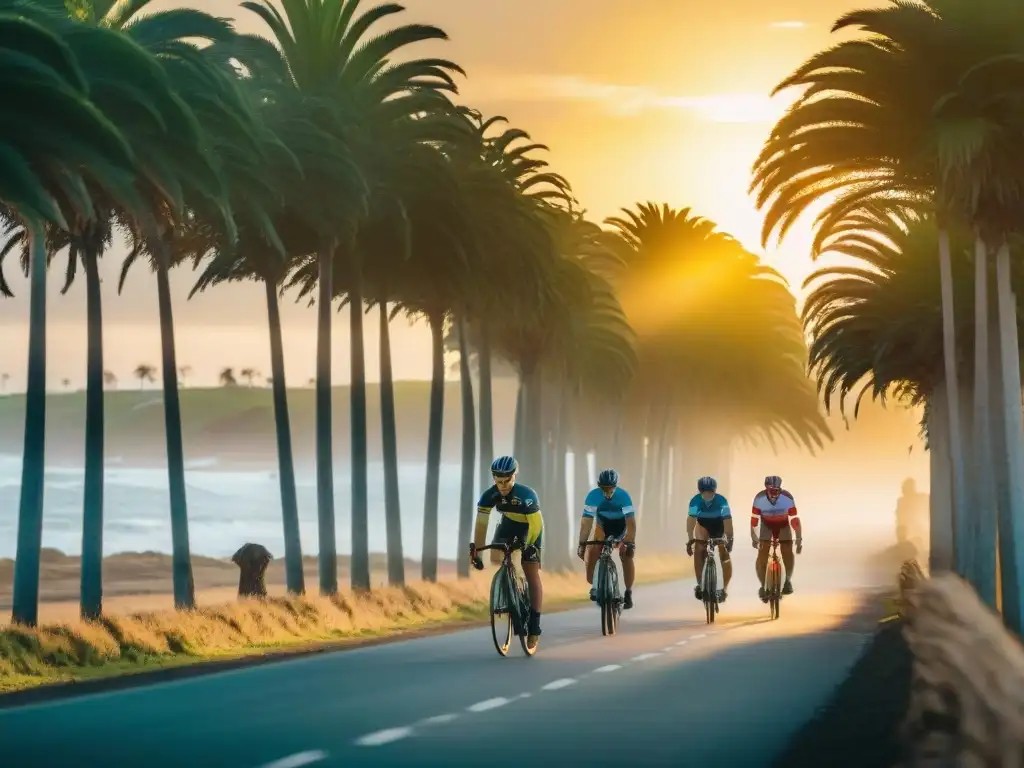 Ciclistas pedaleando al atardecer en la costa de Uruguay, mostrando determinación y pasión por el ciclismo