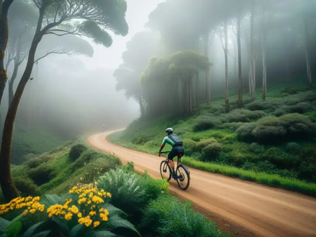 Ciclistas aventureros conscientes recorren rutas de ecociclismo en Uruguay, rodeados de exuberante naturaleza