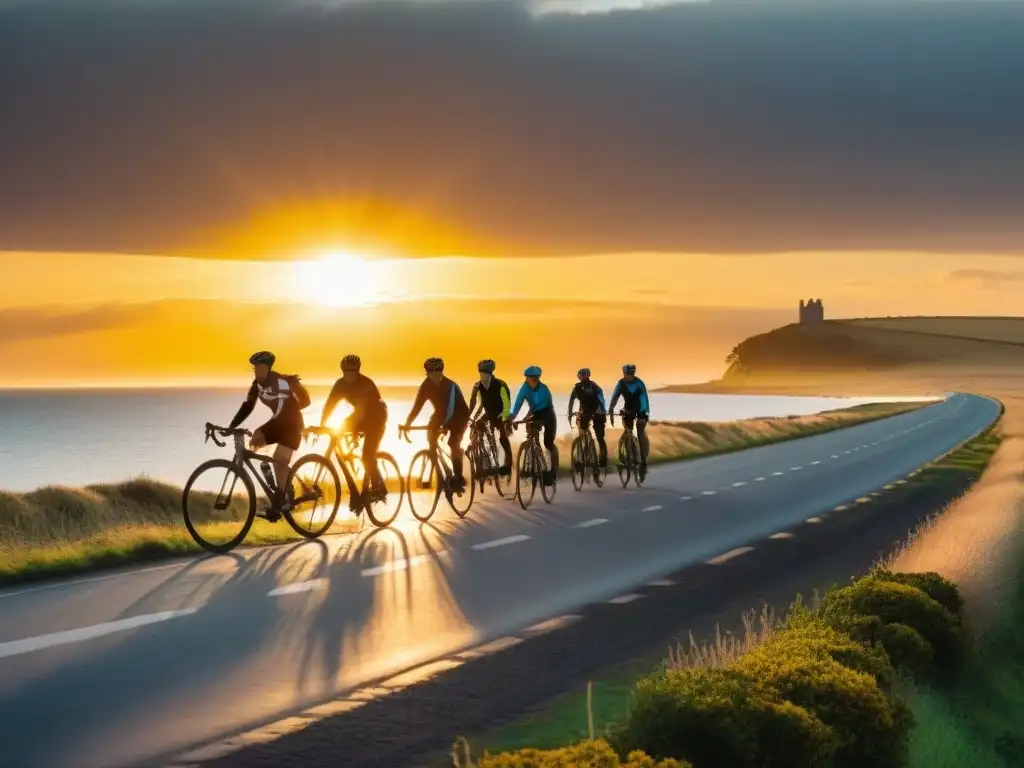 Ciclistas explorando la costa de Uruguay al atardecer, reflejados en el agua tranquila