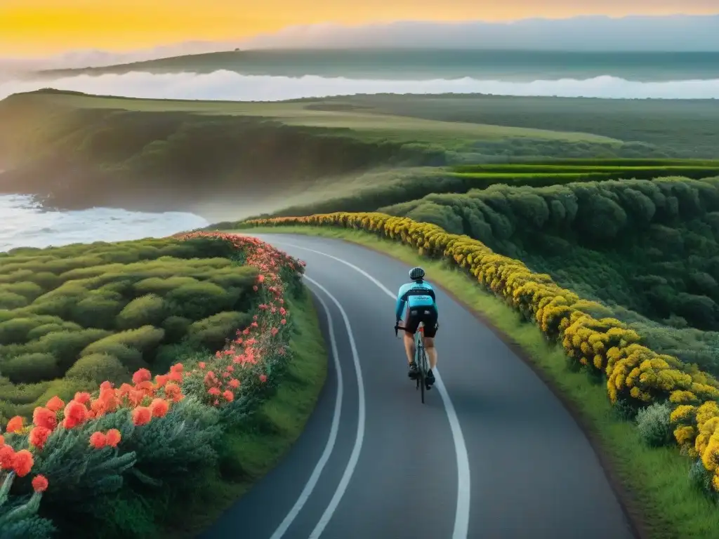 Ciclistas recorren la costa de Uruguay al atardecer, rodeados de naturaleza exuberante y flores vibrantes