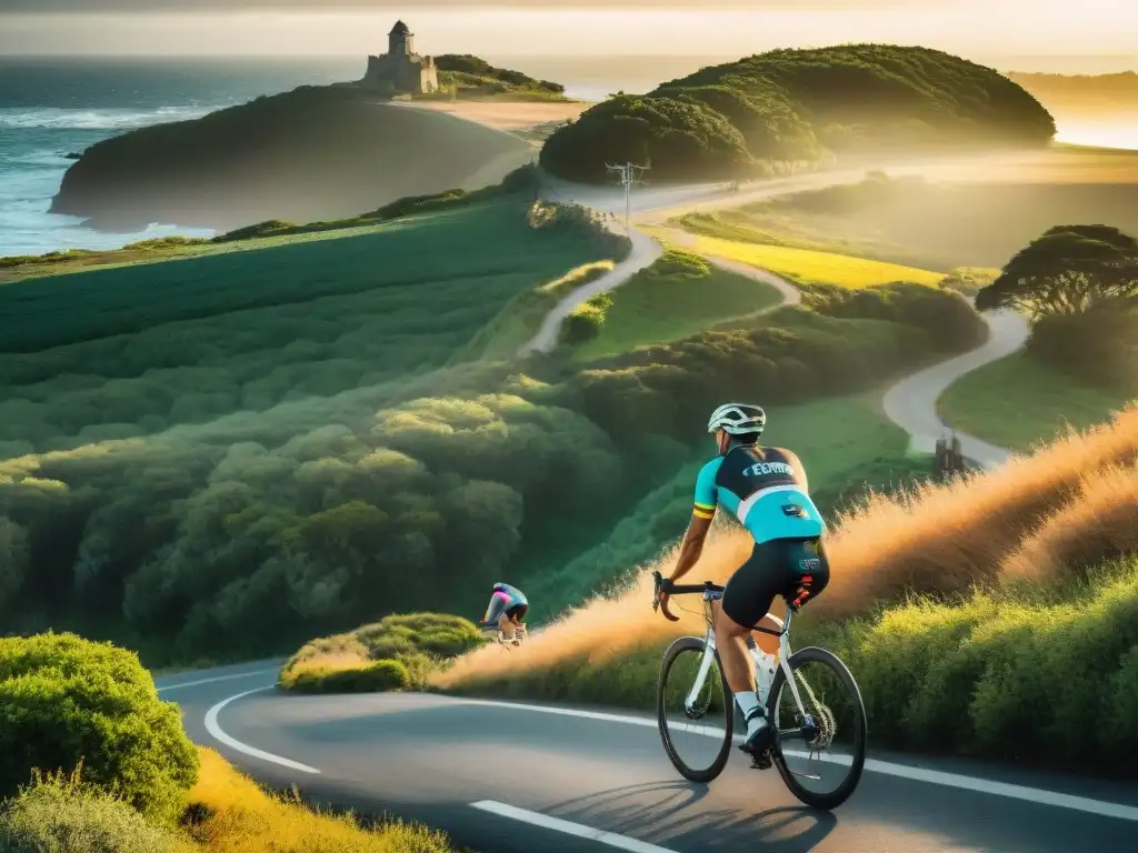 Ciclistas disfrutan de la costa de Uruguay al atardecer