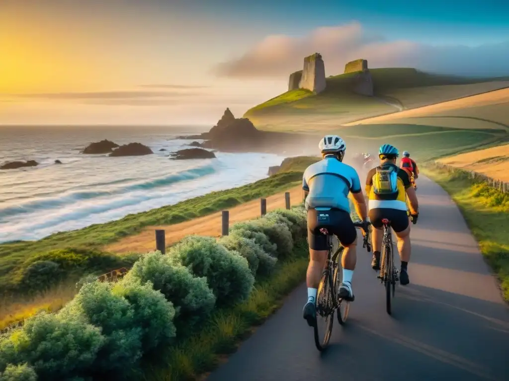 Ciclistas de todas las edades disfrutan de un paseo seguro al atardecer por la costa de Uruguay