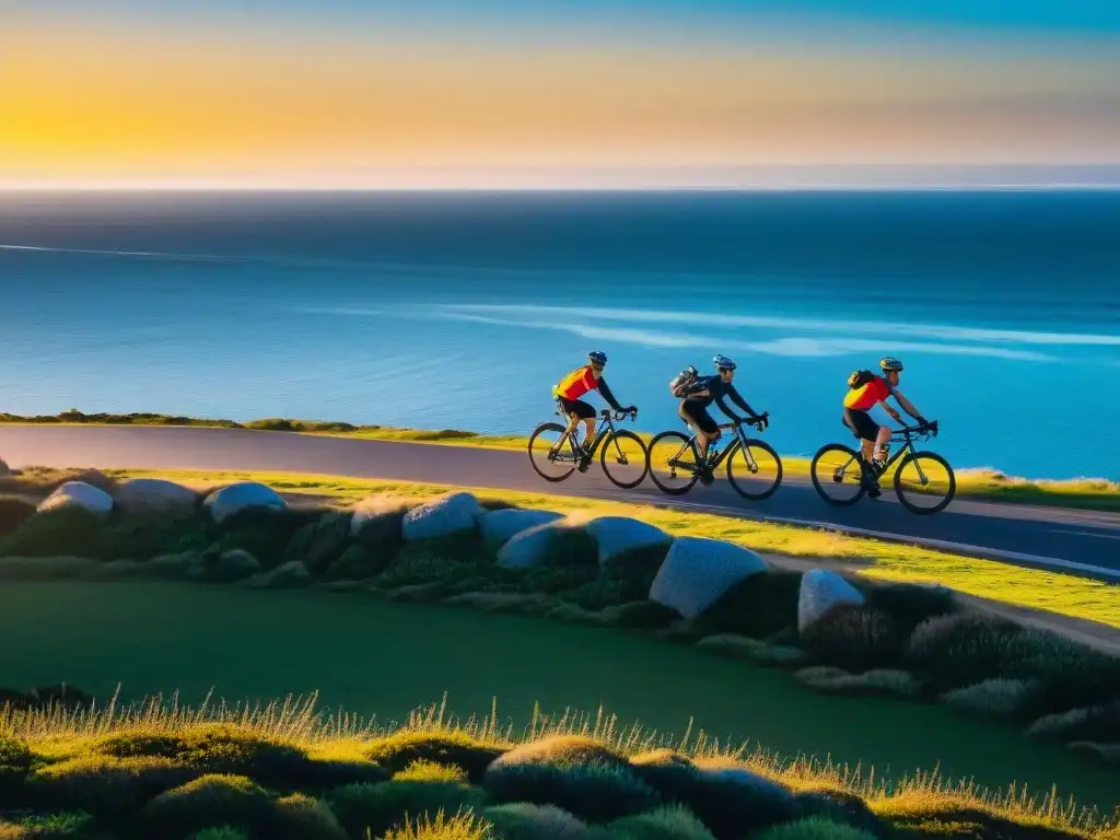 Ciclistas disfrutan de experiencias culturales en bicicleta por la hermosa costa de Punta del Este, Uruguay, con el icónico faro de fondo al atardecer