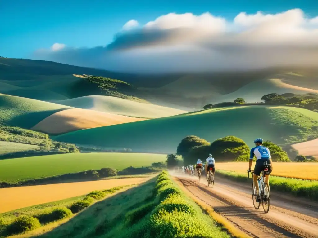 Ciclistas explorando rutas en bicicleta en el Uruguay rural, bajo un cielo azul y paisajes verdes