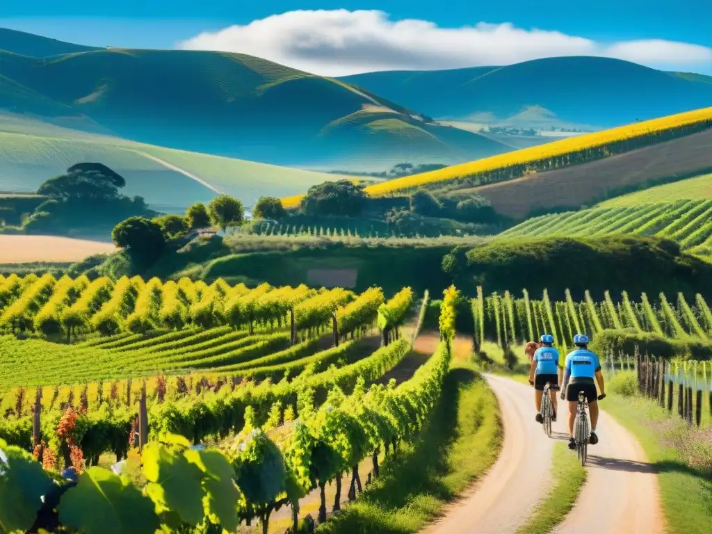 Ciclistas explorando rutas del vino en bicicleta por viñedos de Uruguay bajo un cielo azul