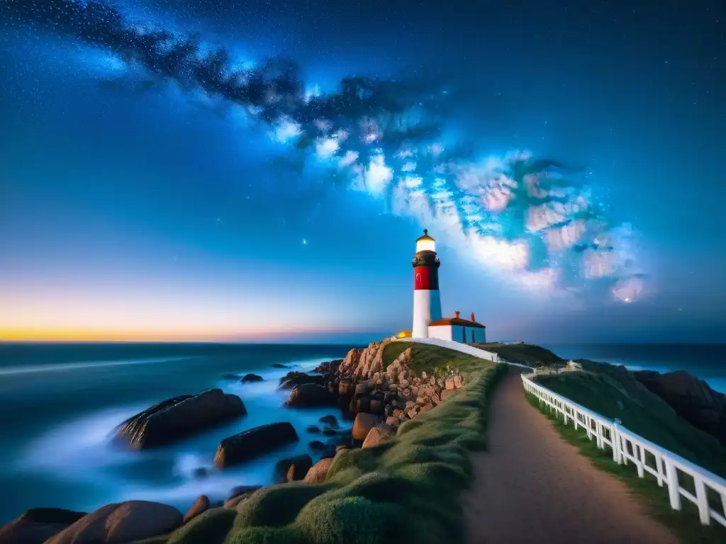 Fotografía del cielo estrellado sobre el faro icónico de Cabo Polonio en Uruguay