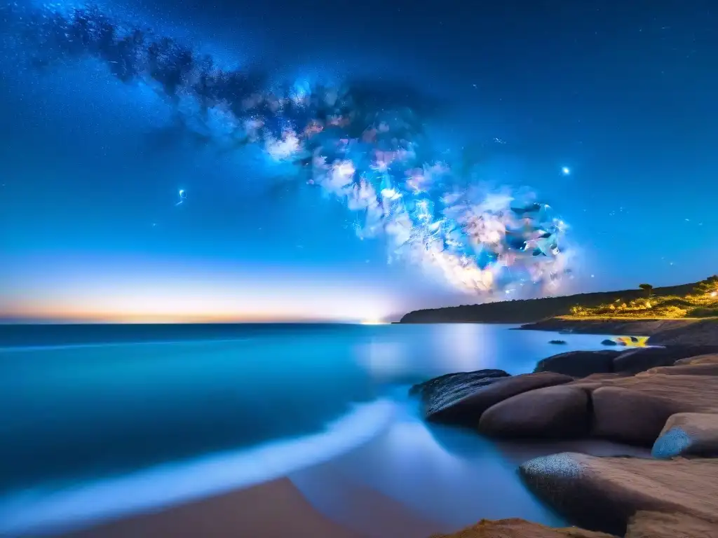 Fotografiar cielo estrellado Uruguay en la mágica costa de Punta del Este: la Vía Láctea sobre palmeras y el océano Atlántico