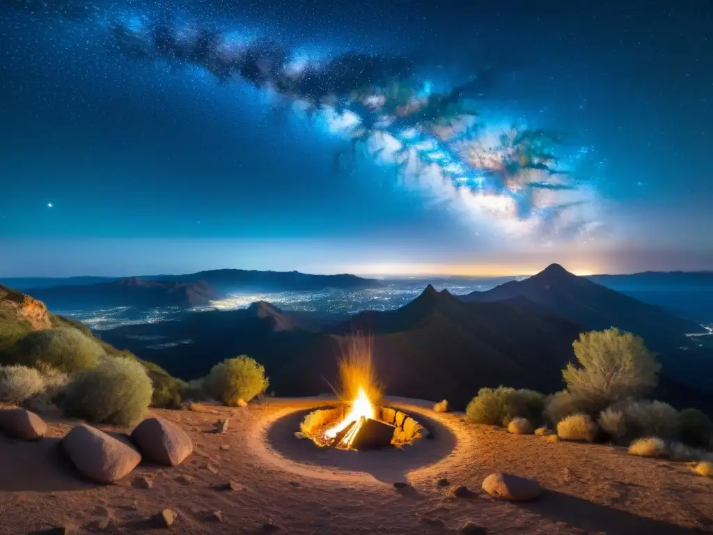 Un cielo estrellado sobre Quebrada de los Cuervos noche, con la Vía Láctea y montañas en silueta, y observadores maravillados por la belleza celestial