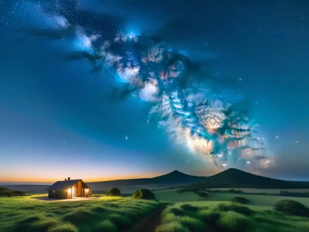 Cielo nocturno de Uruguay sostenible: la Vía Láctea brilla sobre un paisaje sereno y una ecolodge iluminada