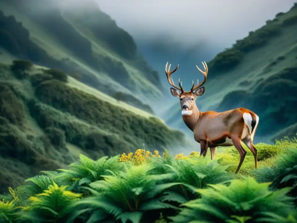 Un ciervo nativo majestuoso de Guazubirá atraviesa la exuberante vegetación, destacando las rutas de senderismo en Guazubirá