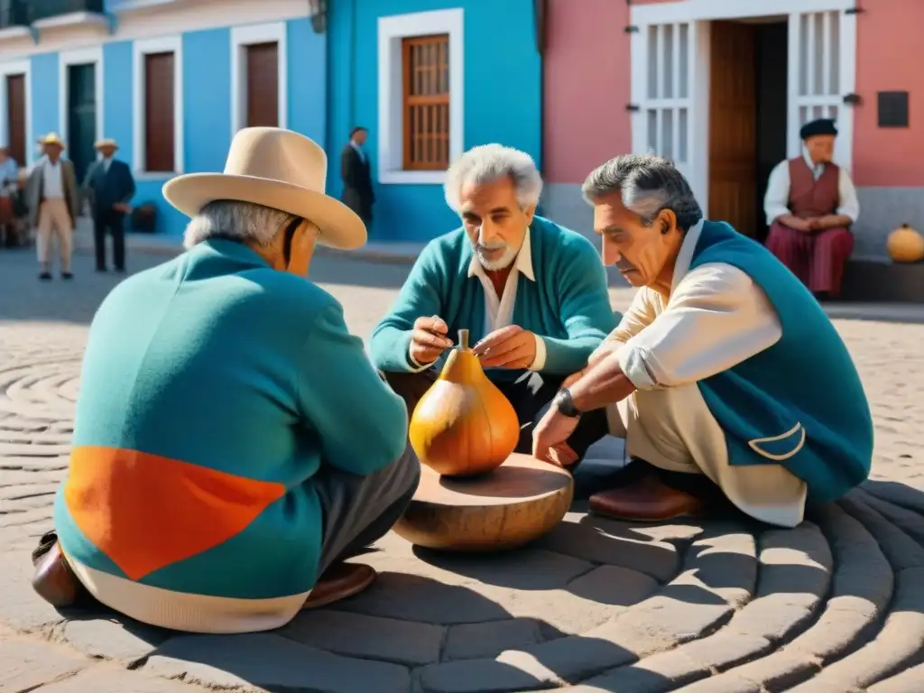 Un círculo de diversidad y tradición en una plaza soleada de Montevideo, donde se comparte mate, reflejando la cultura uruguaya bebidas tradicionales