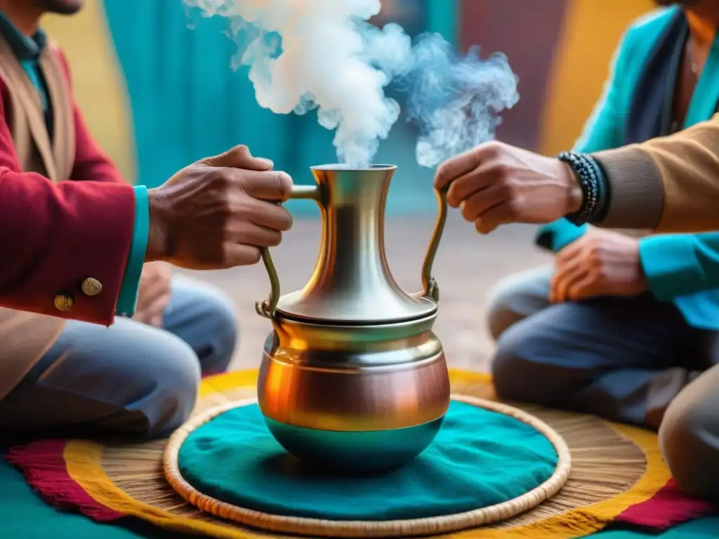 Un círculo de mate uruguayo con amigos, detallado y colorido