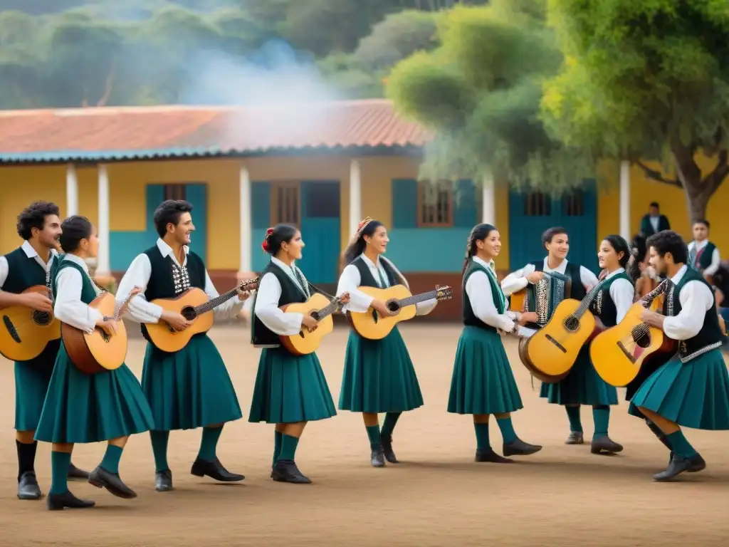 Un círculo de niños vestidos de gauchos uruguayos tocando música folclórica en un patio escolar rústico bajo el sol