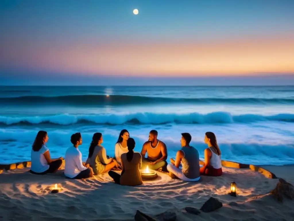 Un círculo de viajeros medita bajo la luna llena en la playa de Uruguay, rodeados de velas y humo de incienso