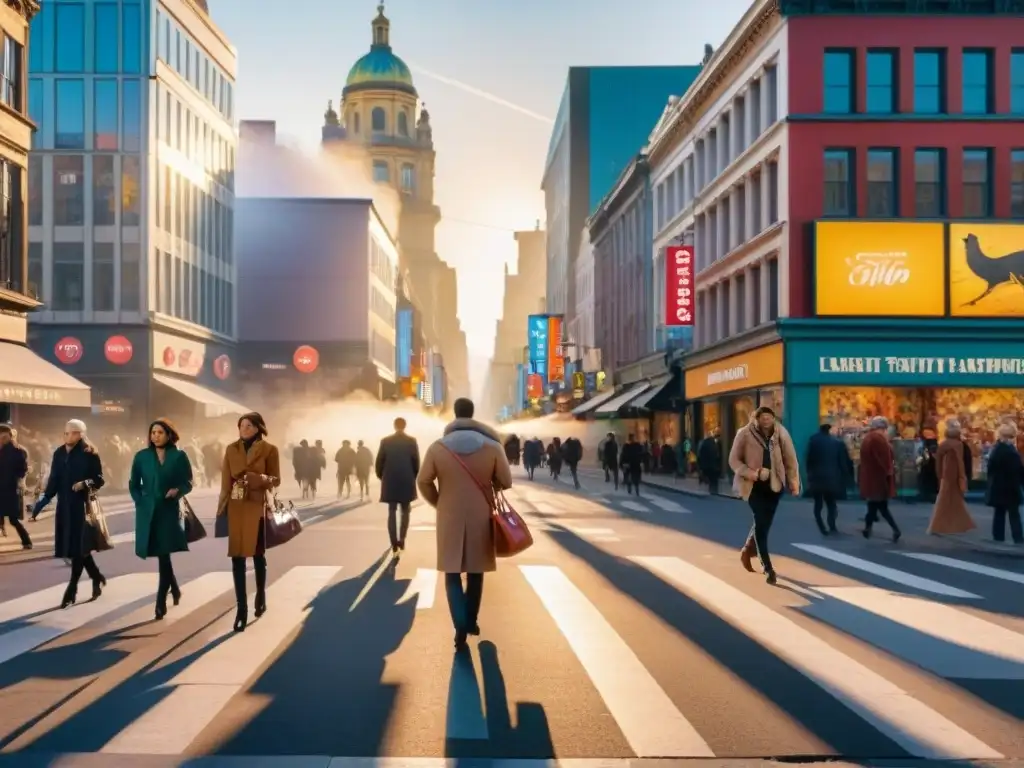 Una ciudad bulliciosa al atardecer, con sombras largas en las calles y gente de diversas edades y orígenes caminando en distintas direcciones