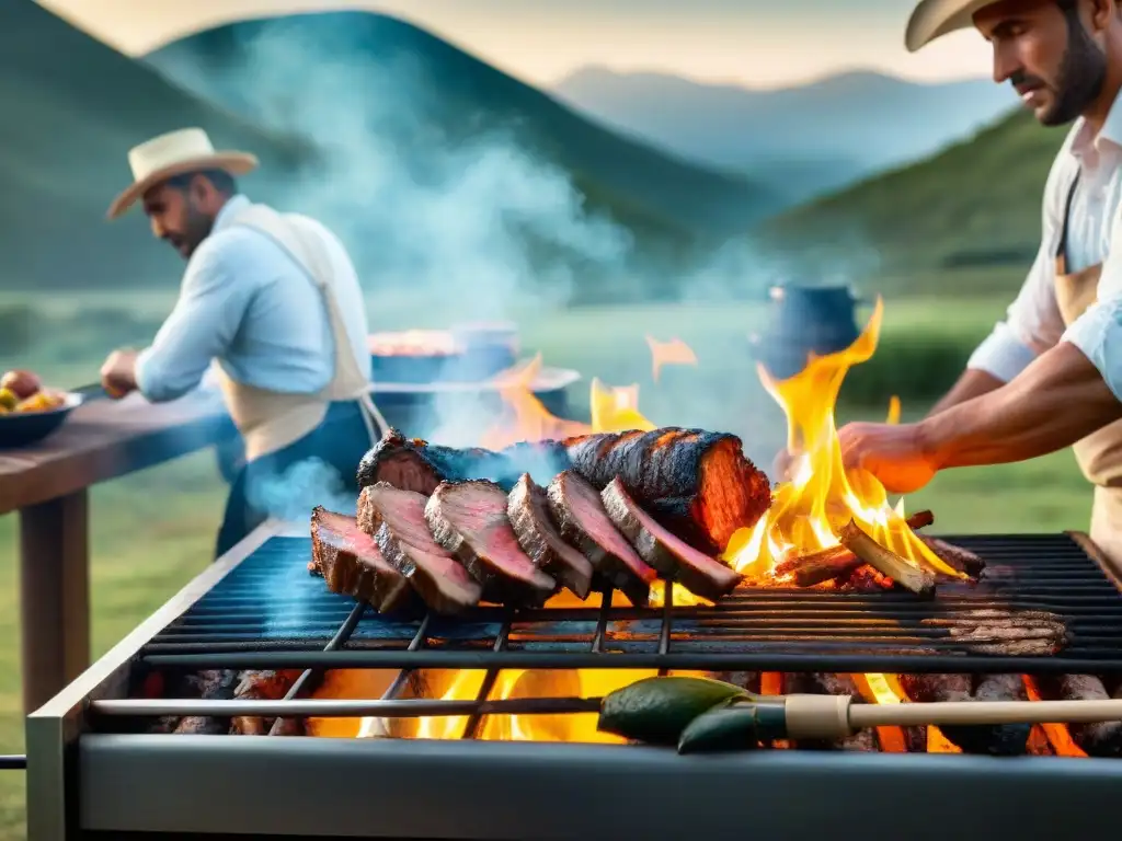 Clases magistrales de asado perfecto en Uruguay: expertos asadores uruguayos preparando cortes premium en una parrilla tradicional, bajo el cálido sol del atardecer campestre