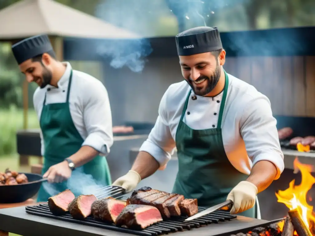 Inmersión en clases magistrales asado perfecto Uruguay: estudiantes sonrientes aprendiendo a cocinar al aire libre en Uruguay