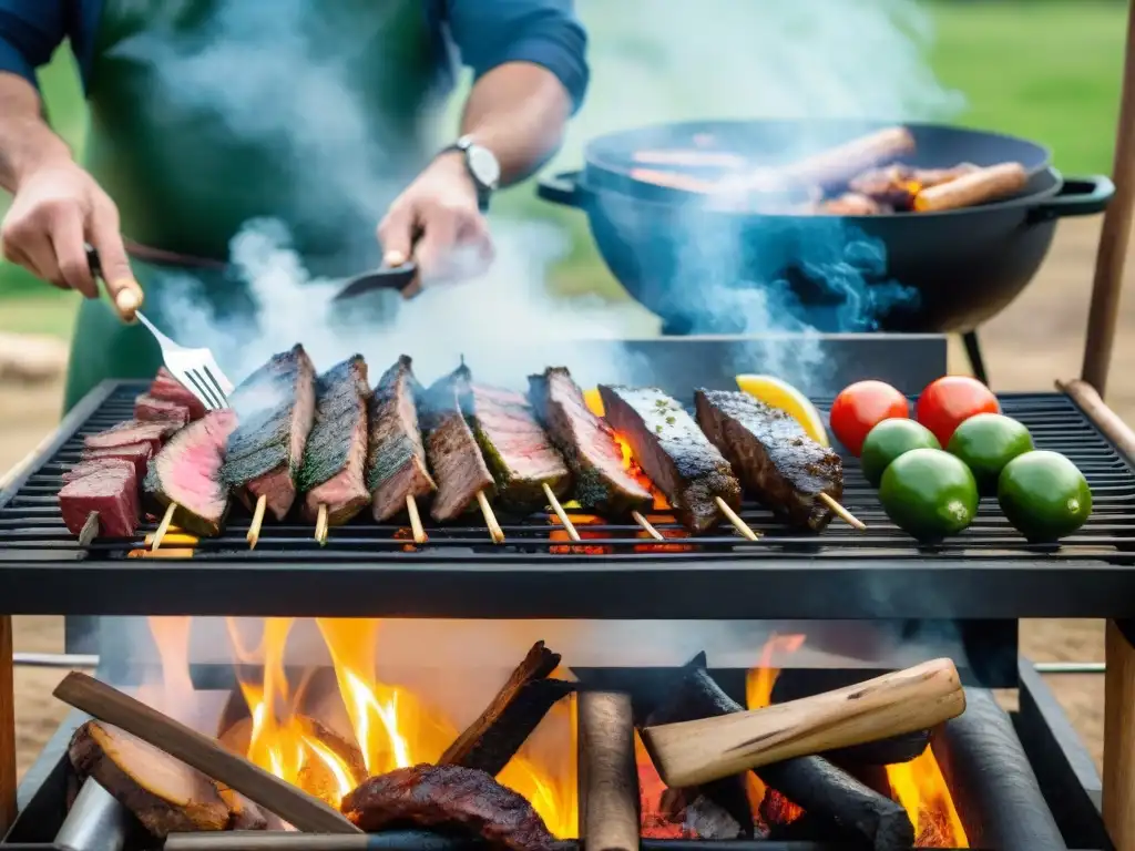 Clases magistrales asado perfecto Uruguay: Atmosfera vibrante de un asado tradicional uruguayo con expertos asadores y espectadores atentos