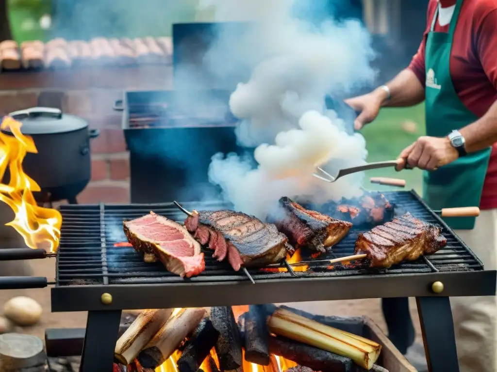 Clases magistrales de asado perfecto en Uruguay: expertos asadores preparando carne en una parrilla tradicional entre humo y sabor