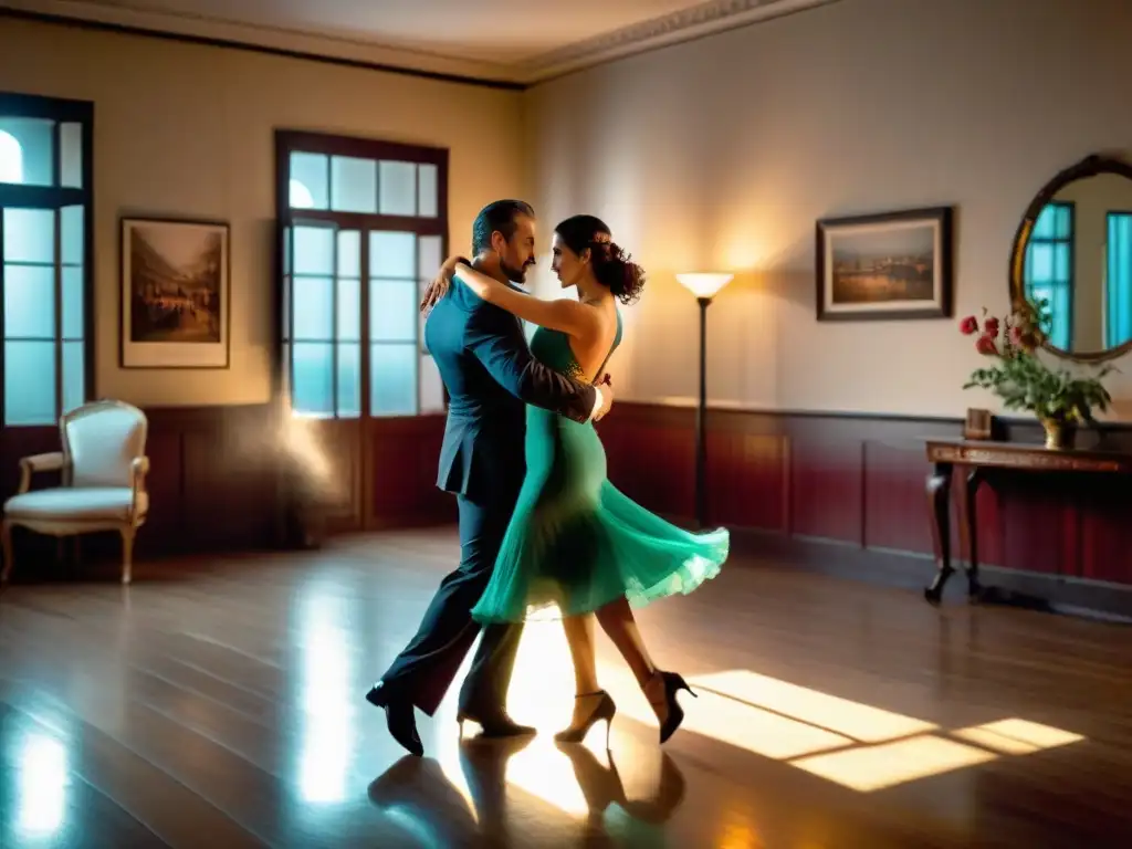 Clases privadas de tango en Montevideo: instructor guía con elegancia a pareja en estudio decorado con estilo tanguero