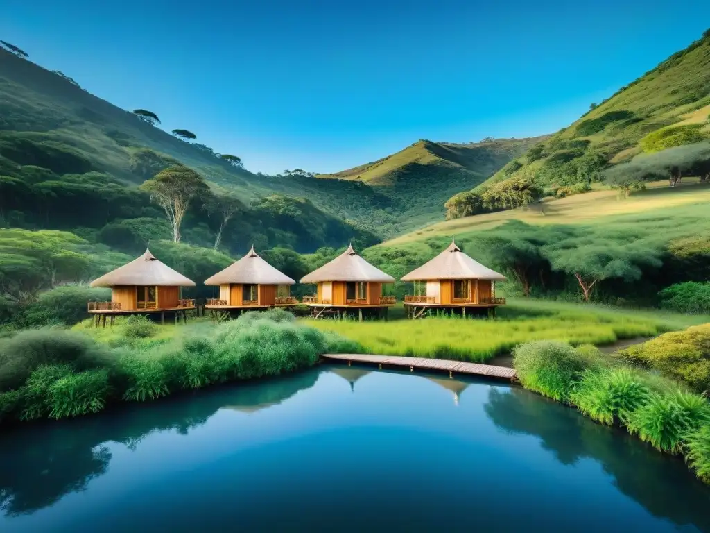 Cluster de ecocabañas en Uruguay, rodeadas de vegetación exuberante, reflejando armonía con la naturaleza