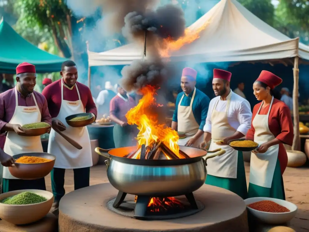 Cocina afrouruguaya: chefs debaten recetas en mercado vibrante con ingredientes coloridos