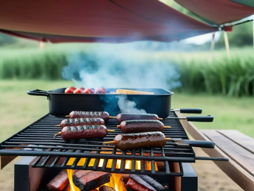 Cocina portátil de camping en Uruguay preparando un asado tradicional bajo un toldo, rodeado de ingredientes para cocinar al aire libre
