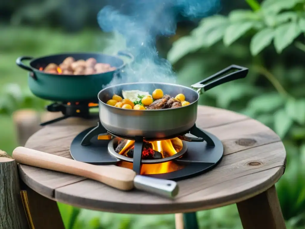 Cocina portátil de camping en Uruguay cocinando plato tradicional al aire libre entre vegetación exuberante y fogata al fondo