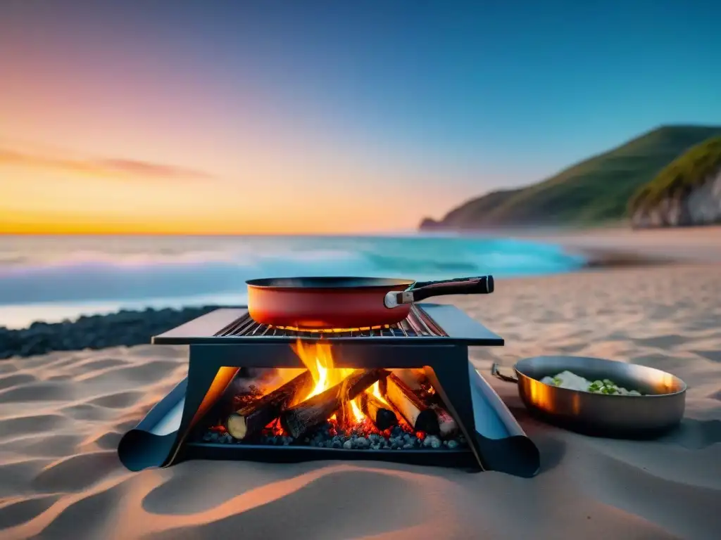 Cocina portátil de camping en playa uruguaya con asado tradicional cocinando al atardecer vibrante