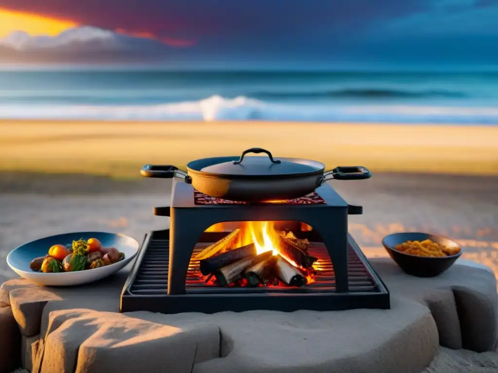 Cocina portátil de camping en playa uruguaya, preparando asado con cuero sobre fuego