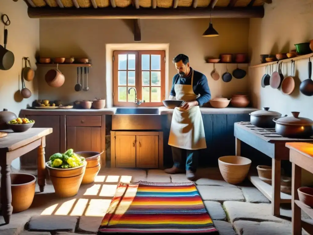 Cocina de estancia uruguaya con chef preparando vegetales frescos en una cocina rústica con estufa a leña y utensilios tradicionales