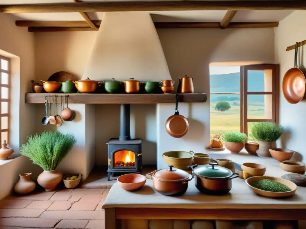 Cocina de estancia en Uruguay: Gauchos preparan comida en fogón de leña con ollas y utensilios colgantes