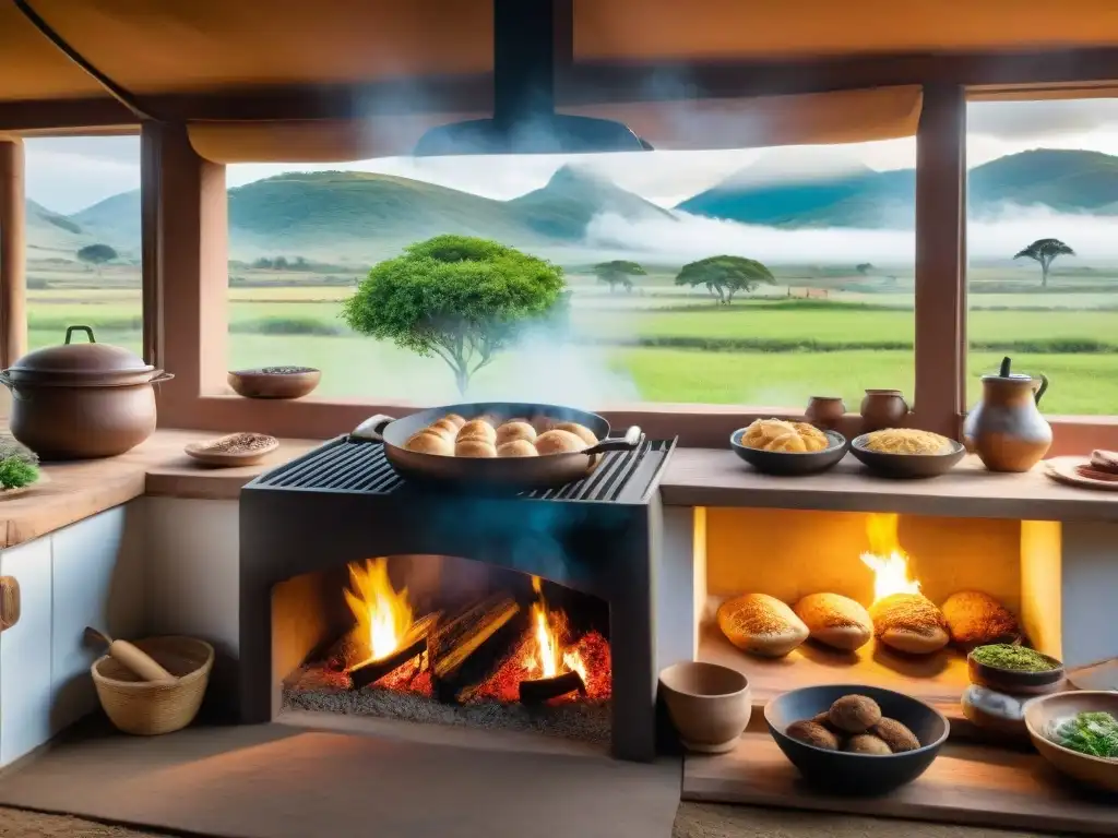 Una cocina de estancia uruguaya tradicional llena de actividad culinaria, rodeada de campo verde y caballos