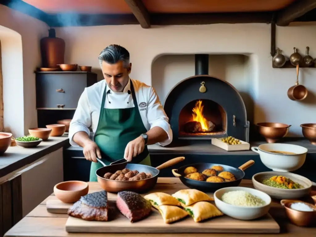 Cocina de estancia uruguaya tradicional rebosante de gastronomía y chefs preparando un asado exquisito