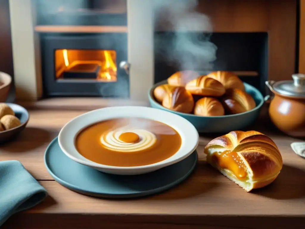 Una cocina familiar uruguaya con dulce de leche auténtico, medialunas recién horneadas y mate, evocando nostalgia