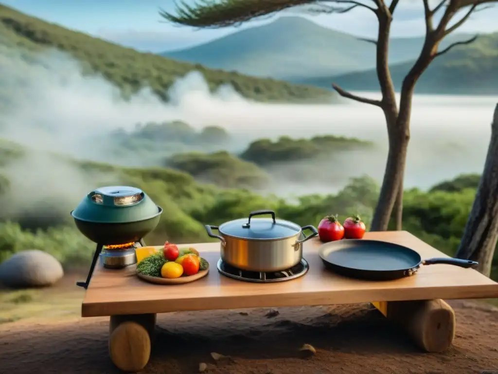 Cocina gourmet de campamento en Uruguay bajo un dosel de árboles, con chef preparando una deliciosa comida