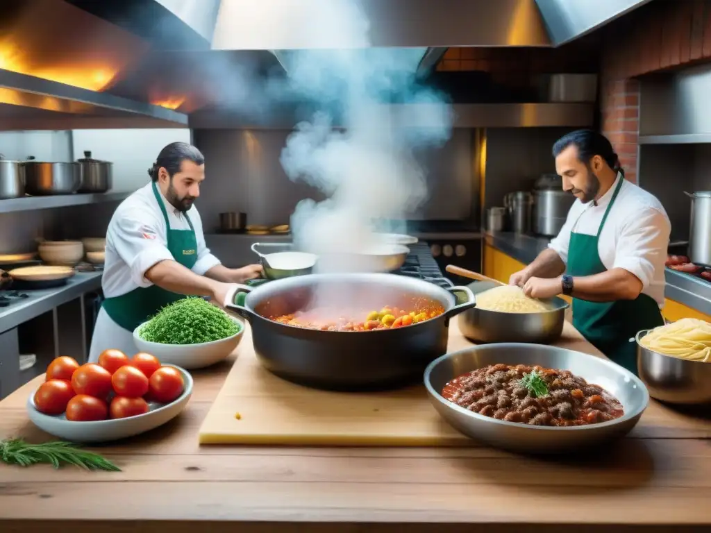 Cocina uruguaya con influencia italiana: chefs preparando platos tradicionales en un ambiente acogedor y bullicioso