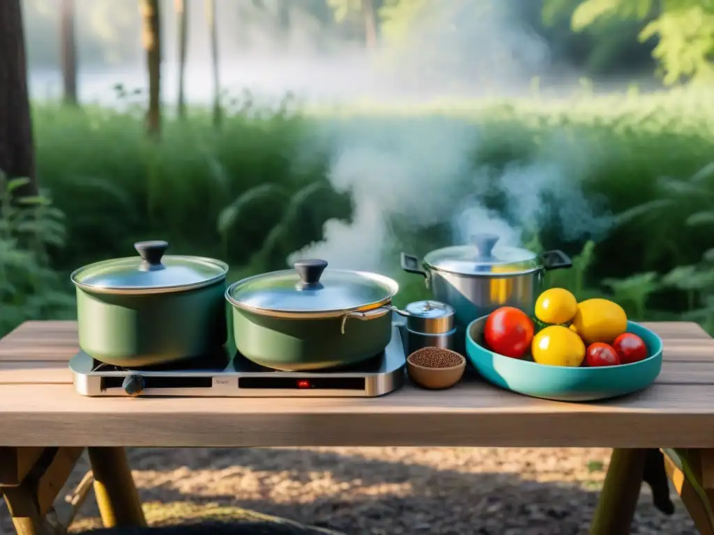 Cocina portátil en el bosque: estufa, utensilios, platos y especias