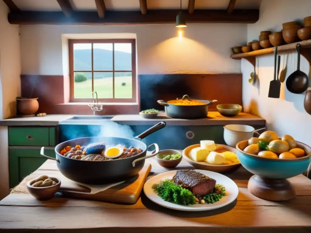 Una cocina rural uruguaya llena de actividad, con asado, cazuela y pan casero en una mesa de madera