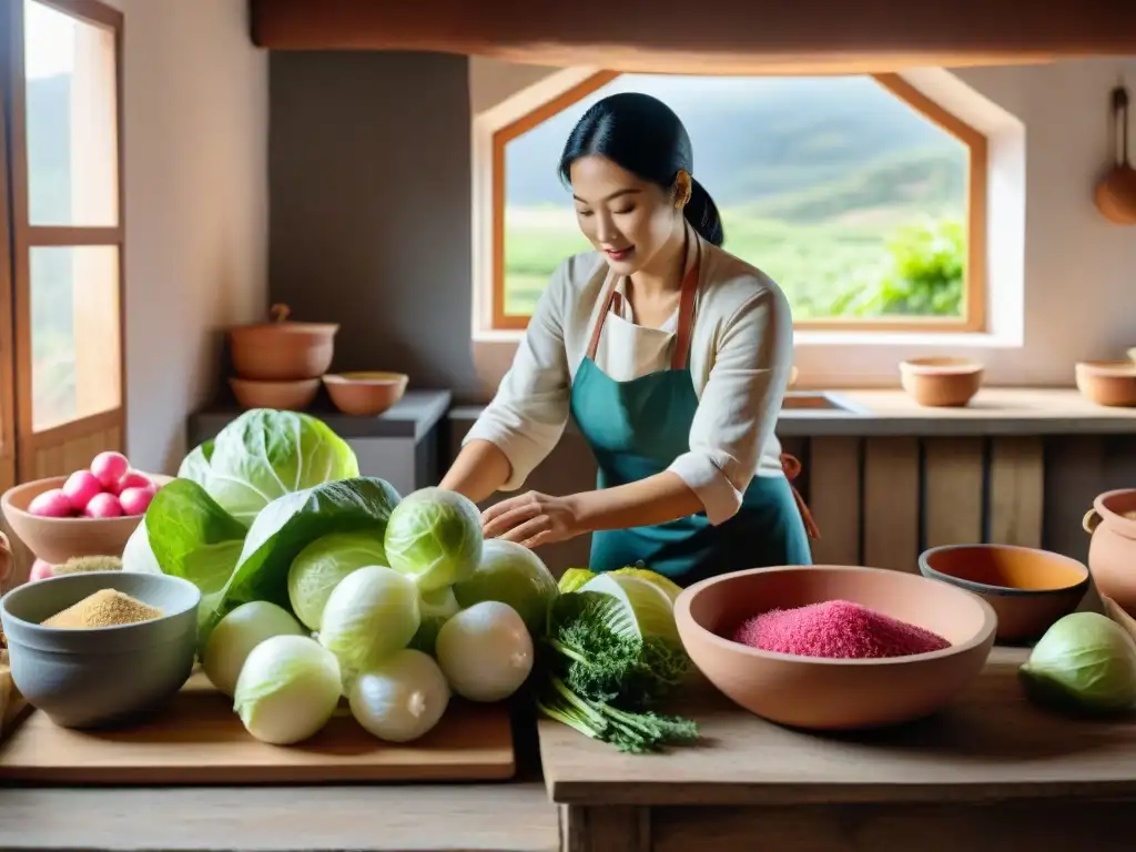 Una cocina tradicional uruguaya con ingredientes para fermentación de chucrut y kimchi