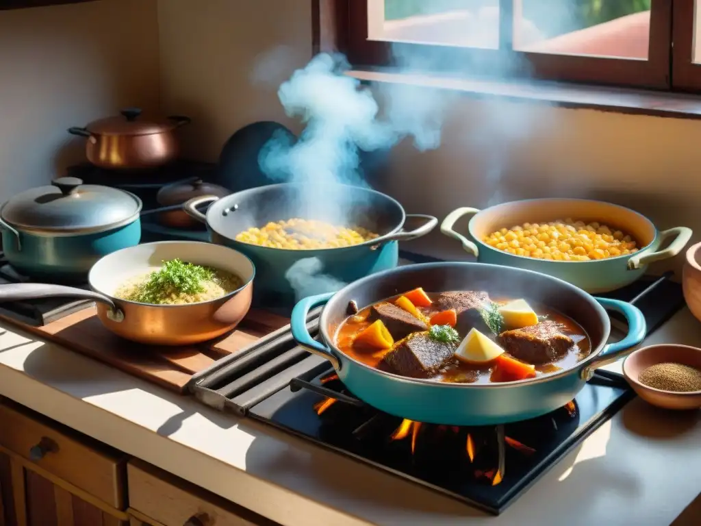 Una cocina uruguaya tradicional llena de guisos y potajes, con aromas deliciosos