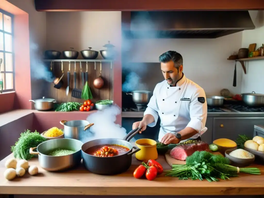 Una cocina uruguaya tradicional rebosante de sabores únicos, con ingredientes frescos y coloridos en una mesa rústica de madera