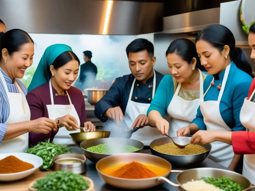 Una cocina vibrante con personas de diferentes edades y etnias cocinando platos tradicionales en un taller culinario afrouruguayo