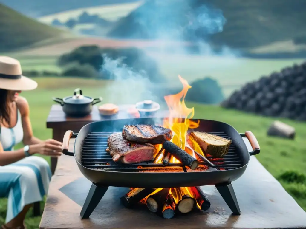 Cocinas portátiles camping Uruguay: Amigos disfrutan un asado al aire libre en un escenario pintoresco en Uruguay