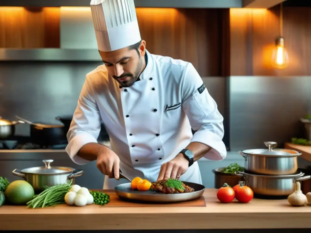 Cocinero experto preparando plato uruguayo con técnicas gourmet en cocina profesional de Uruguay