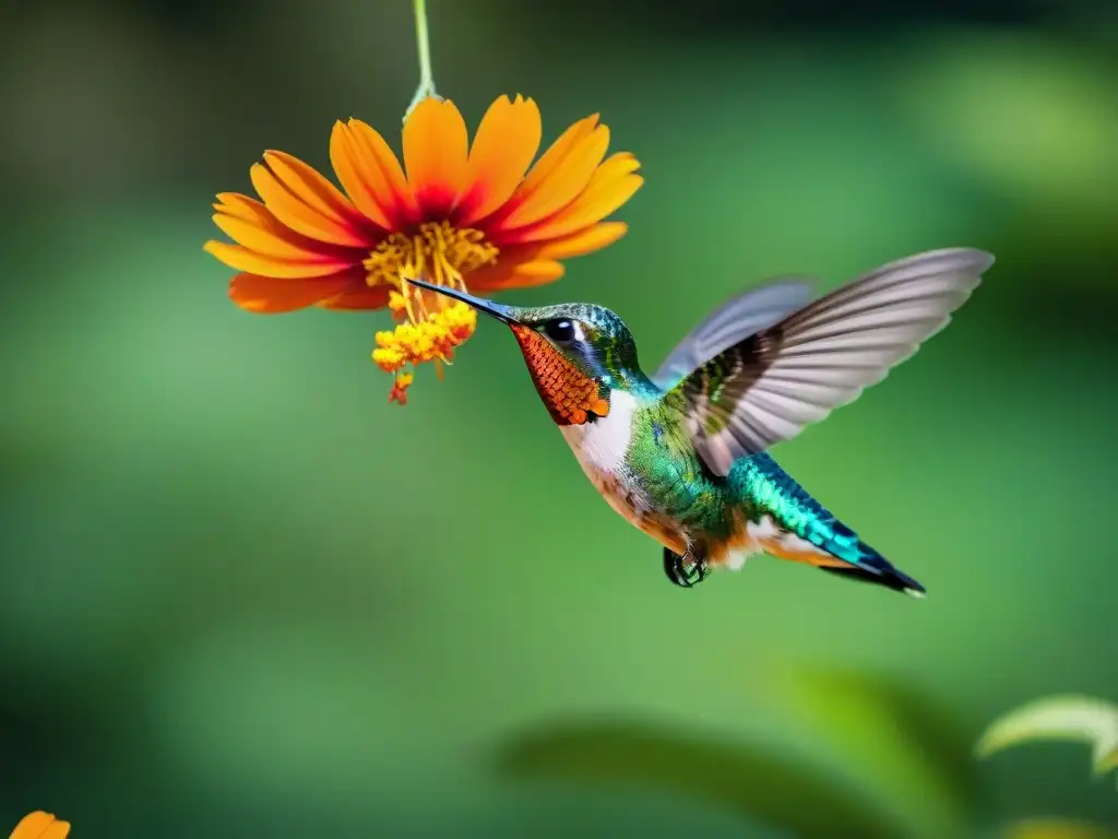 Un colibrí verde vibrante alimentándose de una flor naranja mientras planea en un bosque uruguayo