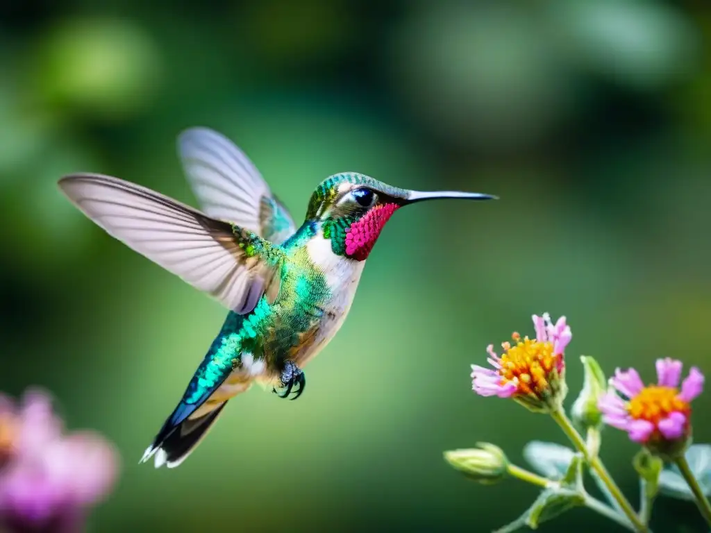 Colibrí verde vibrante en vuelo, sus plumas iridiscentes brillan bajo el sol en las sierras uruguayas