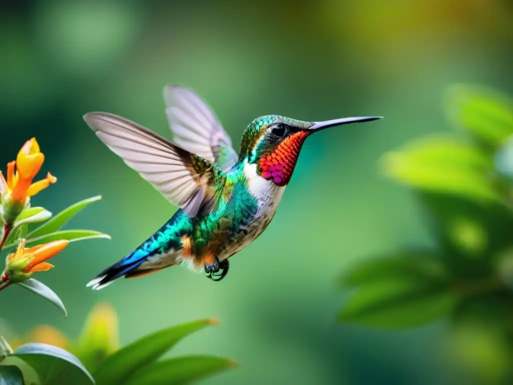 Un colibrí vibrante en pleno vuelo, con plumas iridiscentes y fondo de exuberante vegetación